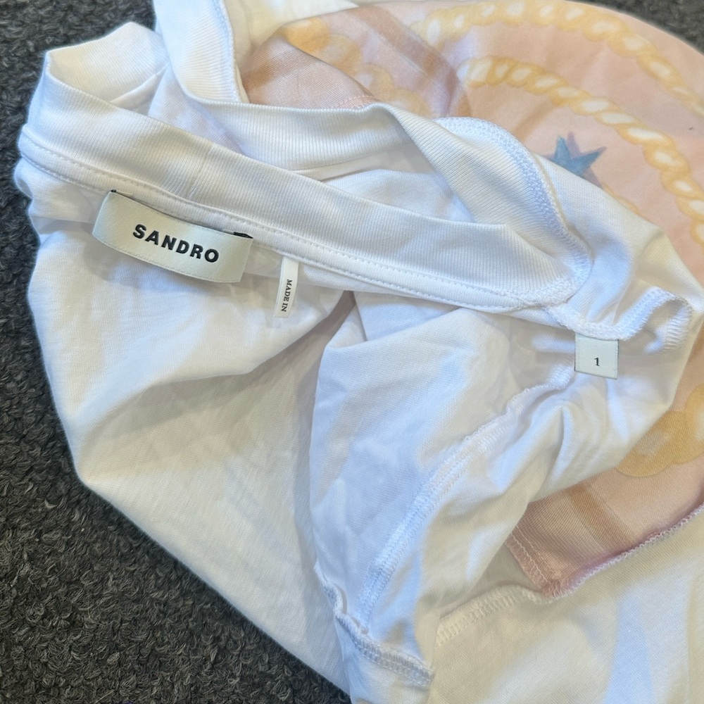 Sandro Eulalin Scarf Printed Insert Contrast White Tee Shirt Size 1 or Small - Picture 12 of 13